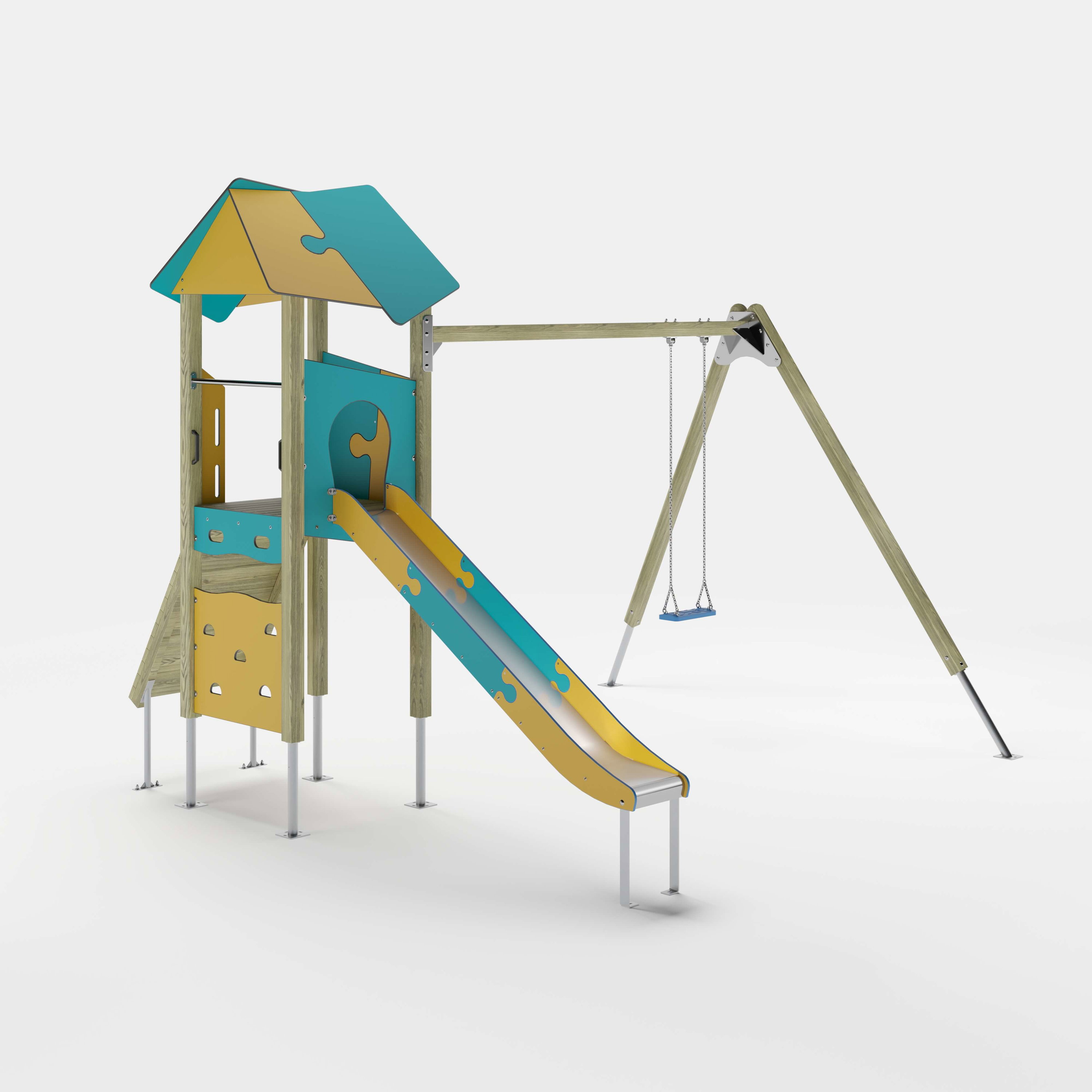 Bunte Kinderspielburg mit Dach und Rutsche auf weißem Hintergrund.