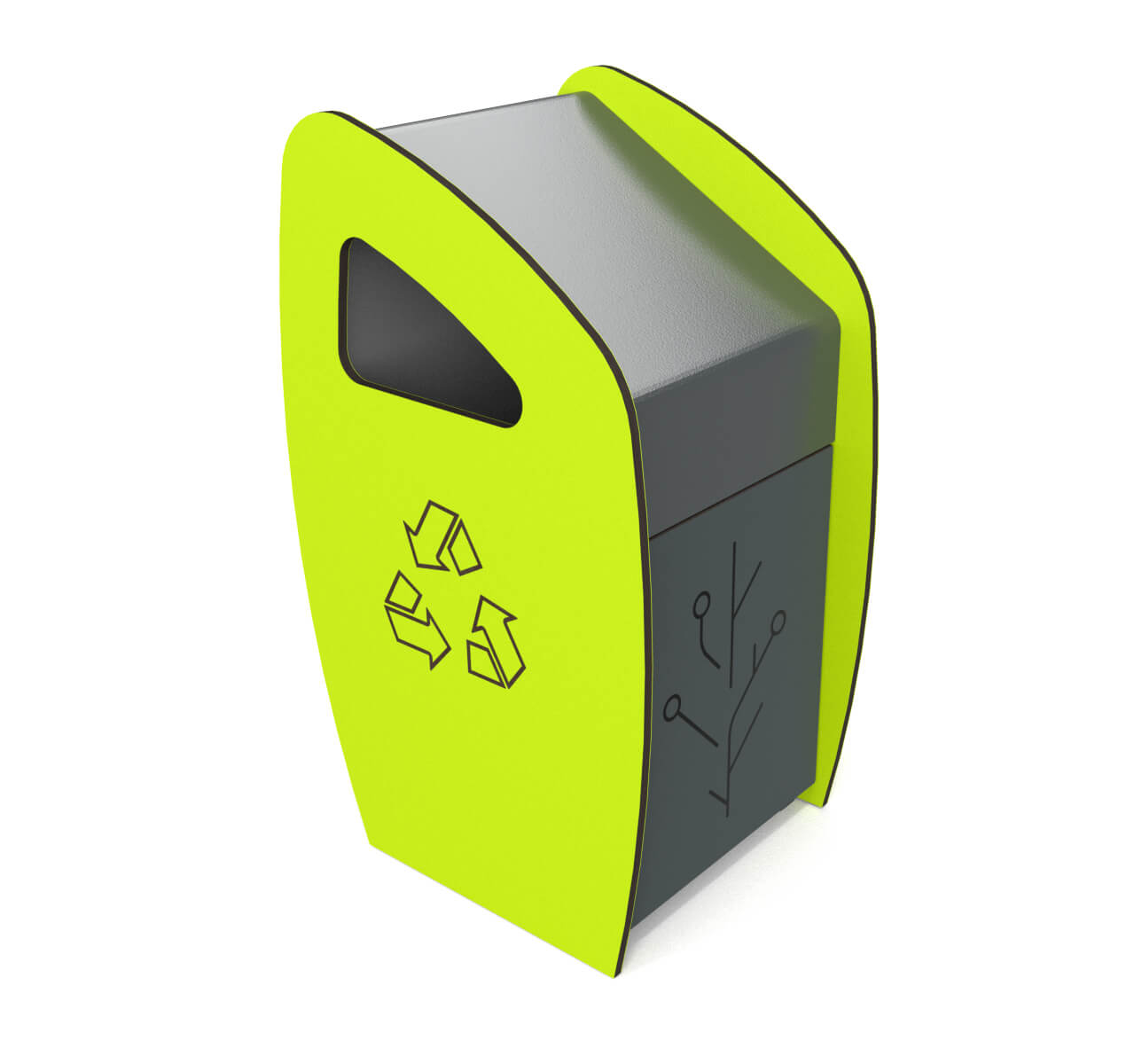 Modern recycling bin with lime green sides and tree symbol, designed for public use.

Recyclingbehälter mit leuchtend grünen Seiten und Baum-Symbol für öffentliche Nutzung.
