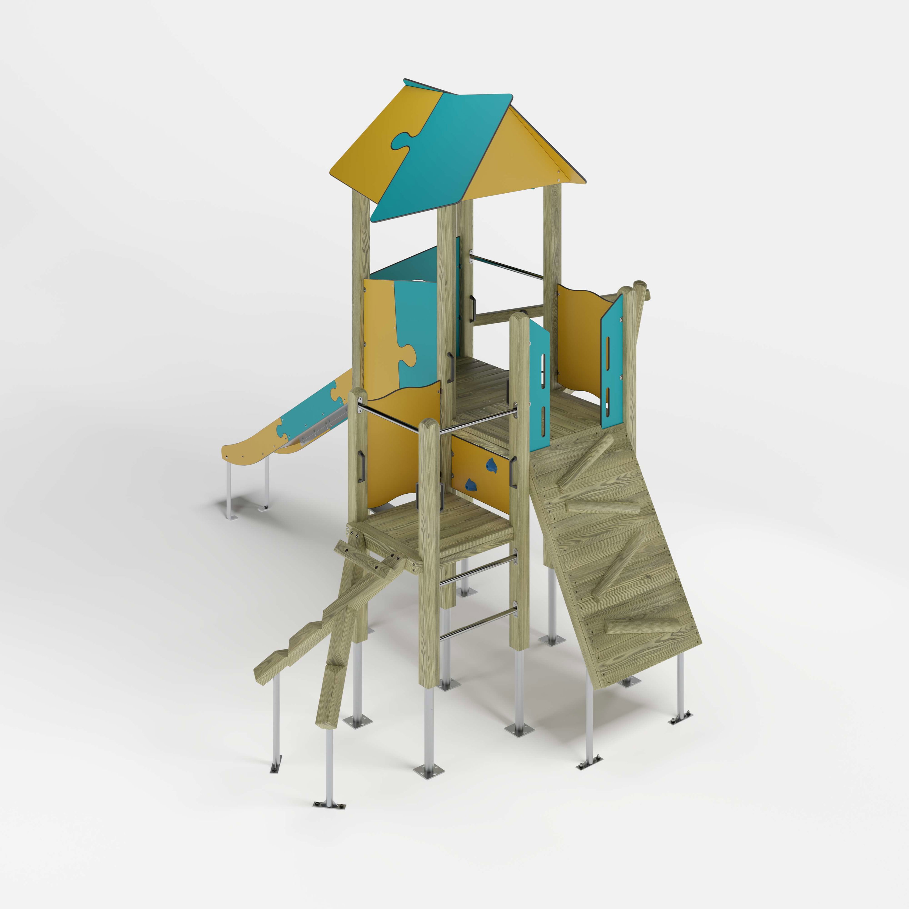 Bunte Holzspielburg mit Rutsche und Kletterelementen für Kinder auf hellem Hintergrund.