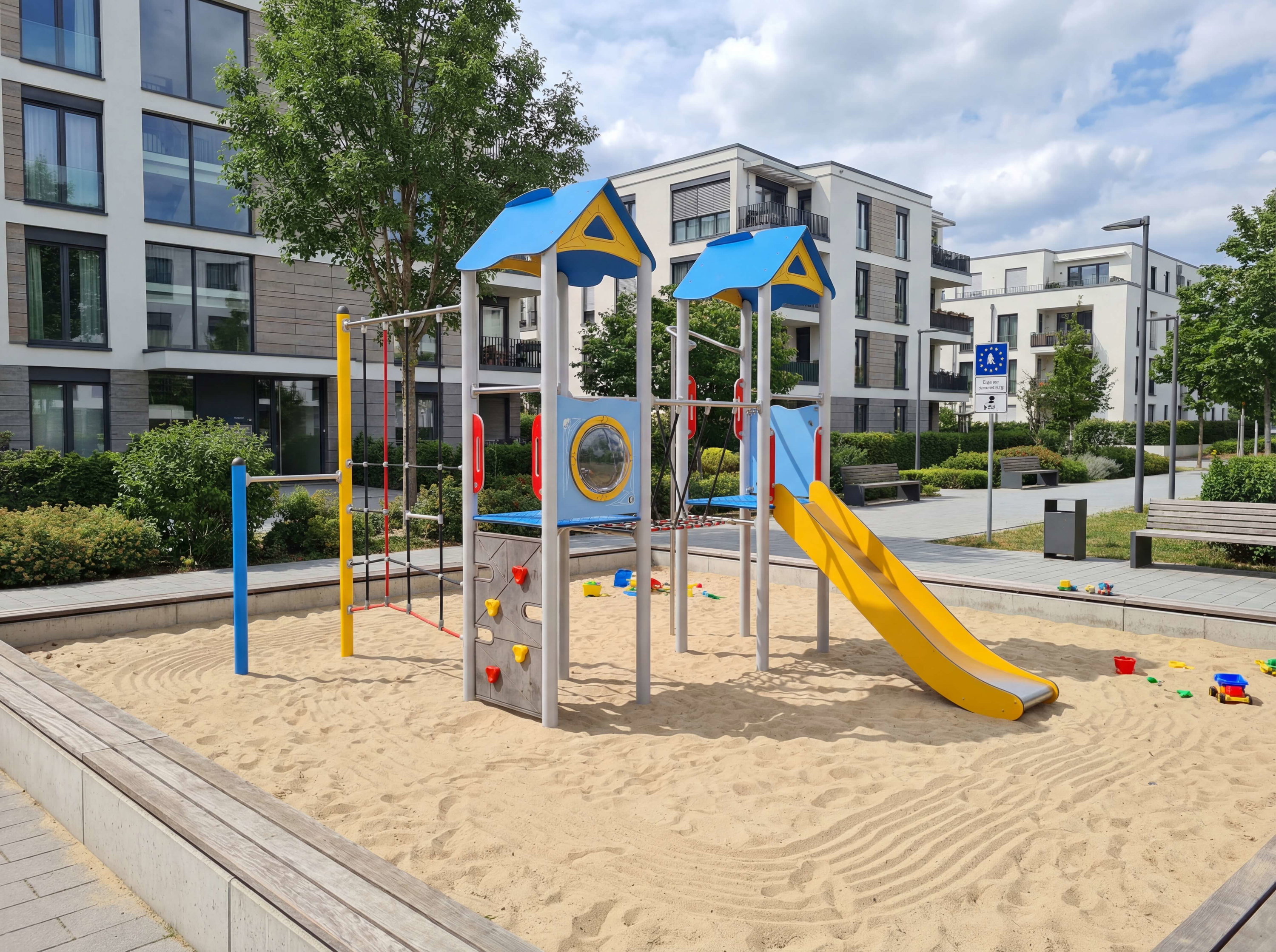 Bunte Spielanlage mit Rutsche und Sandkasten im modernen Wohngebiet unter blauem Himmel.