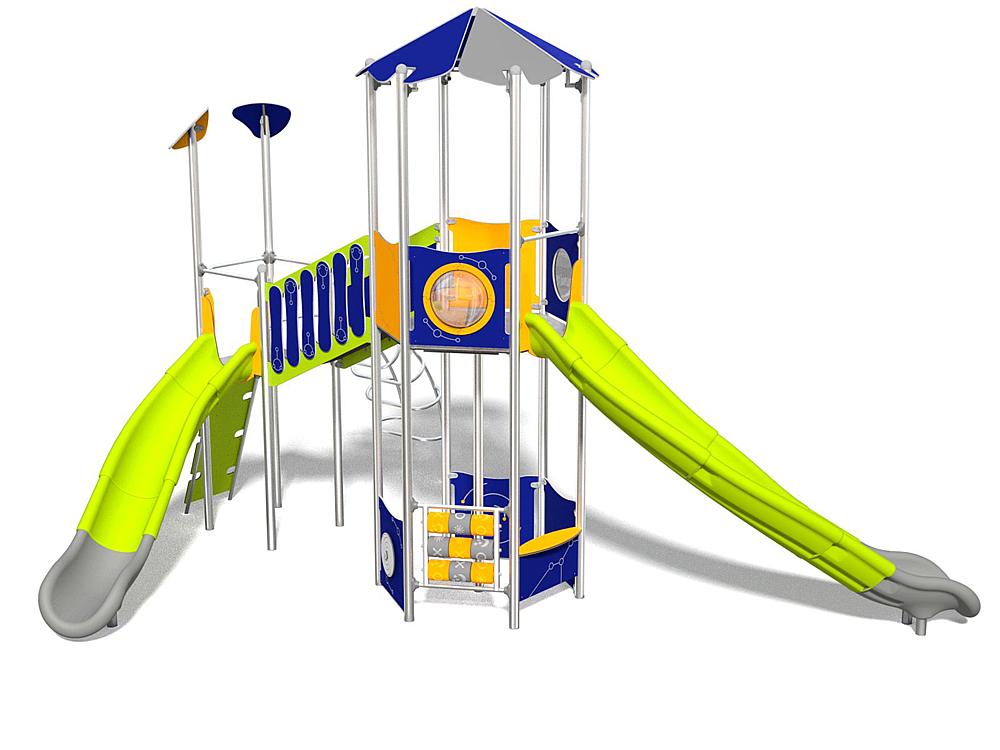 Schwinger für Kleinkinder mit Metallgestell und grünen Verbindungen auf weißem Hintergrund.