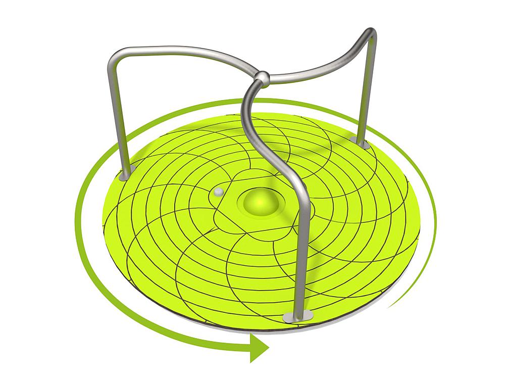 Schwinger für Kleinkinder mit Metallgestell und grünen Verbindungen auf weißem Hintergrund.