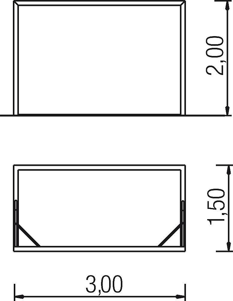 Technische Zeichnung eines rechteckigen Rahmens mit Maßen 3x2m und einer abgerundeten Ecke von 1,50m Höhe.