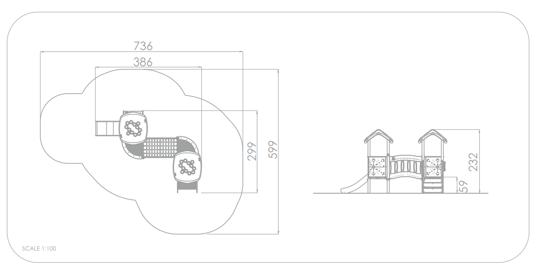 Kinderspielplatz-Plan mit Maßen und Seitenansicht – Skala 1:100