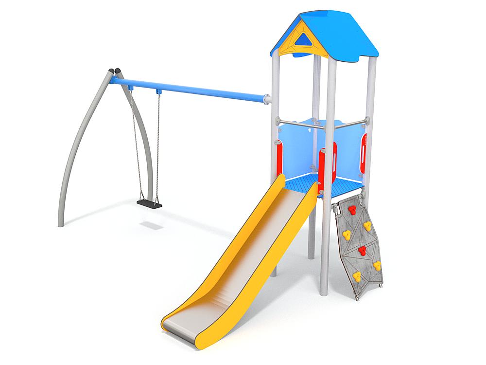 Schwinger für Kleinkinder mit Metallgestell und grünen Verbindungen auf weißem Hintergrund.