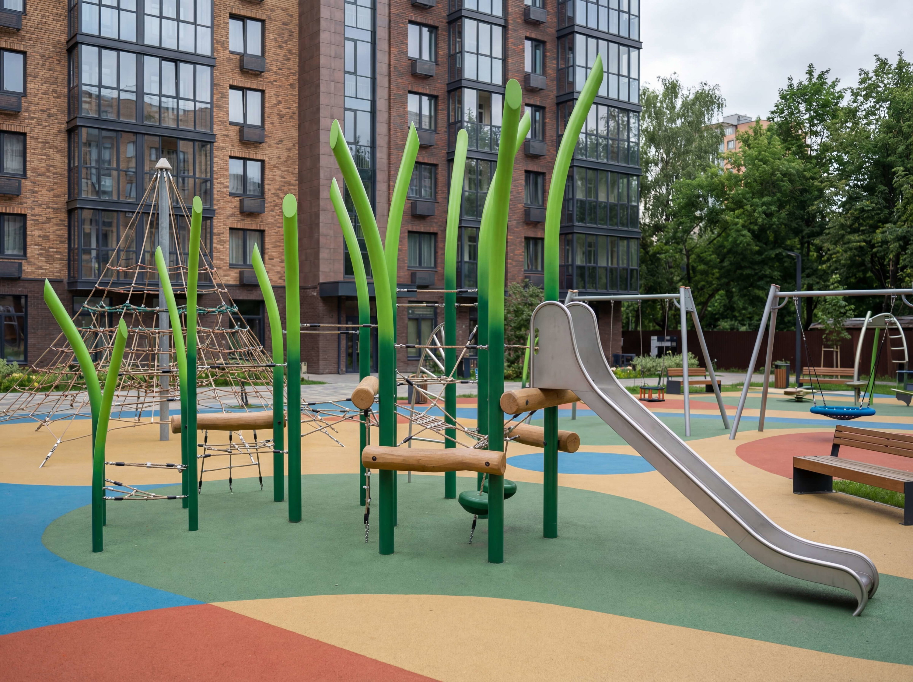 Modern playground with green stalk sculptures, slide und swings before brick apartment building.