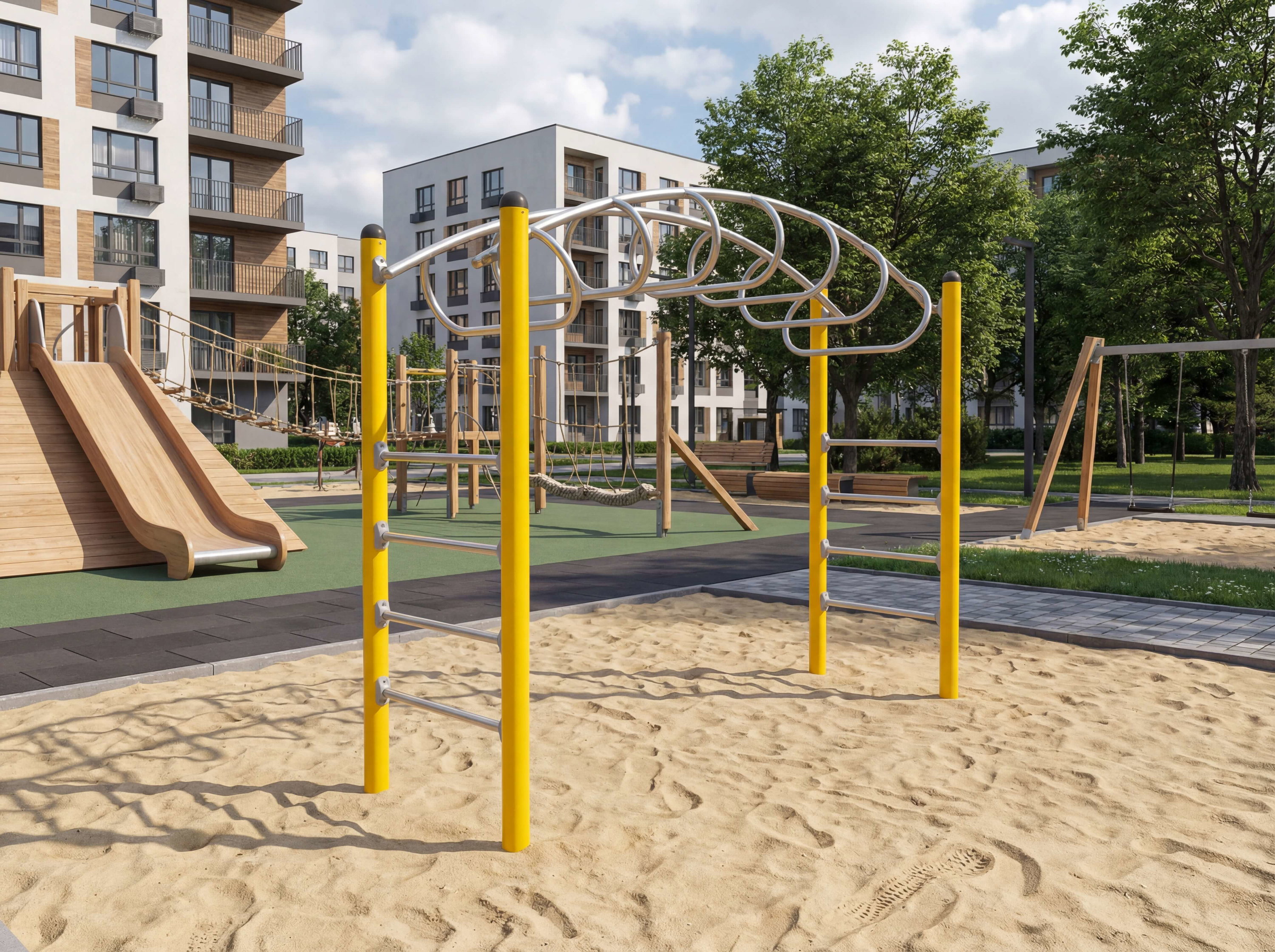 Spielplatz mit Sandkasten und Klettergerüst vor modernen Wohnhäusern im Grünen.