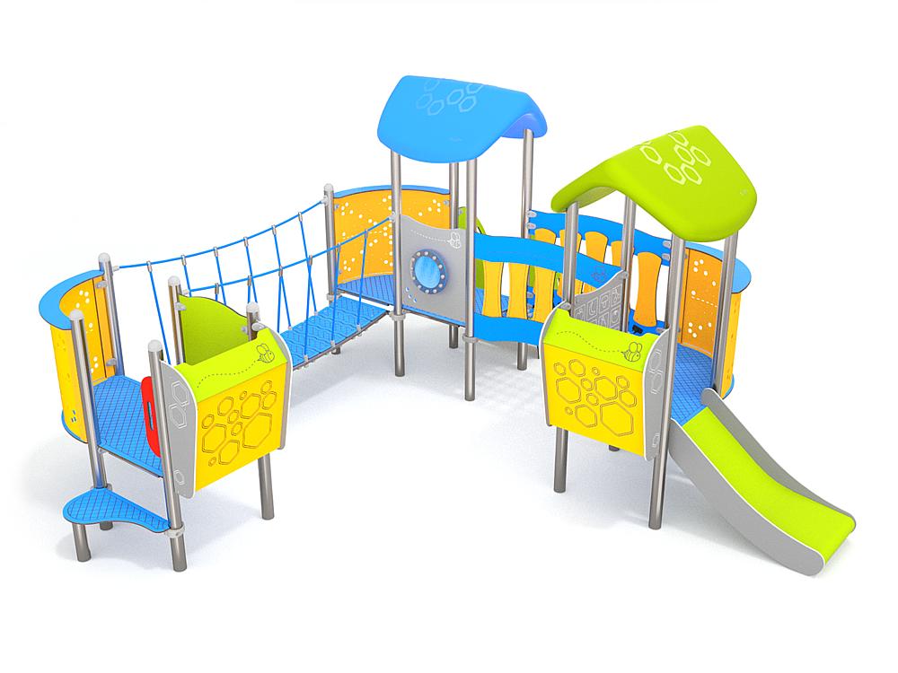 Schwinger für Kleinkinder mit Metallgestell und grünen Verbindungen auf weißem Hintergrund.