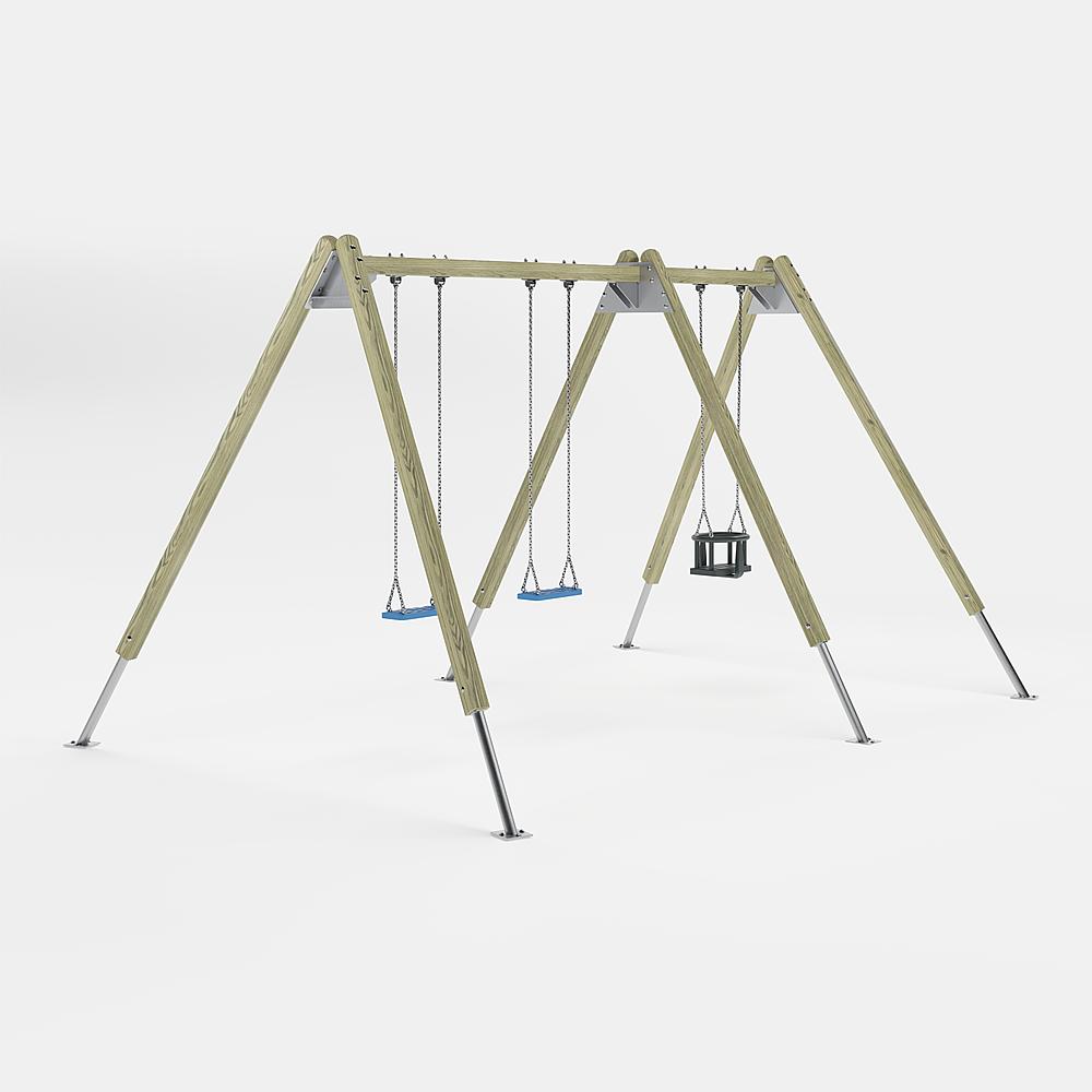 Bunte Kinderspielburg mit Dach und Rutsche auf weißem Hintergrund.
