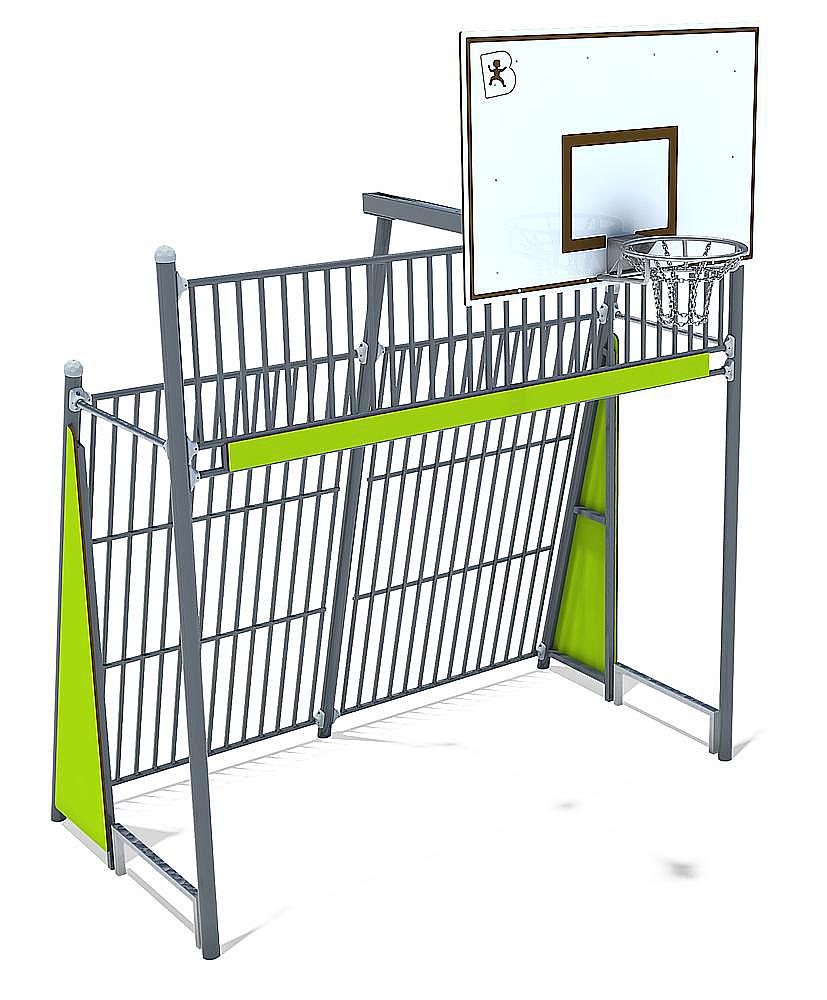 Kinder-Basketballkorb mit Sicherheitszaun und grünen Akzenten für den Spielplatz.