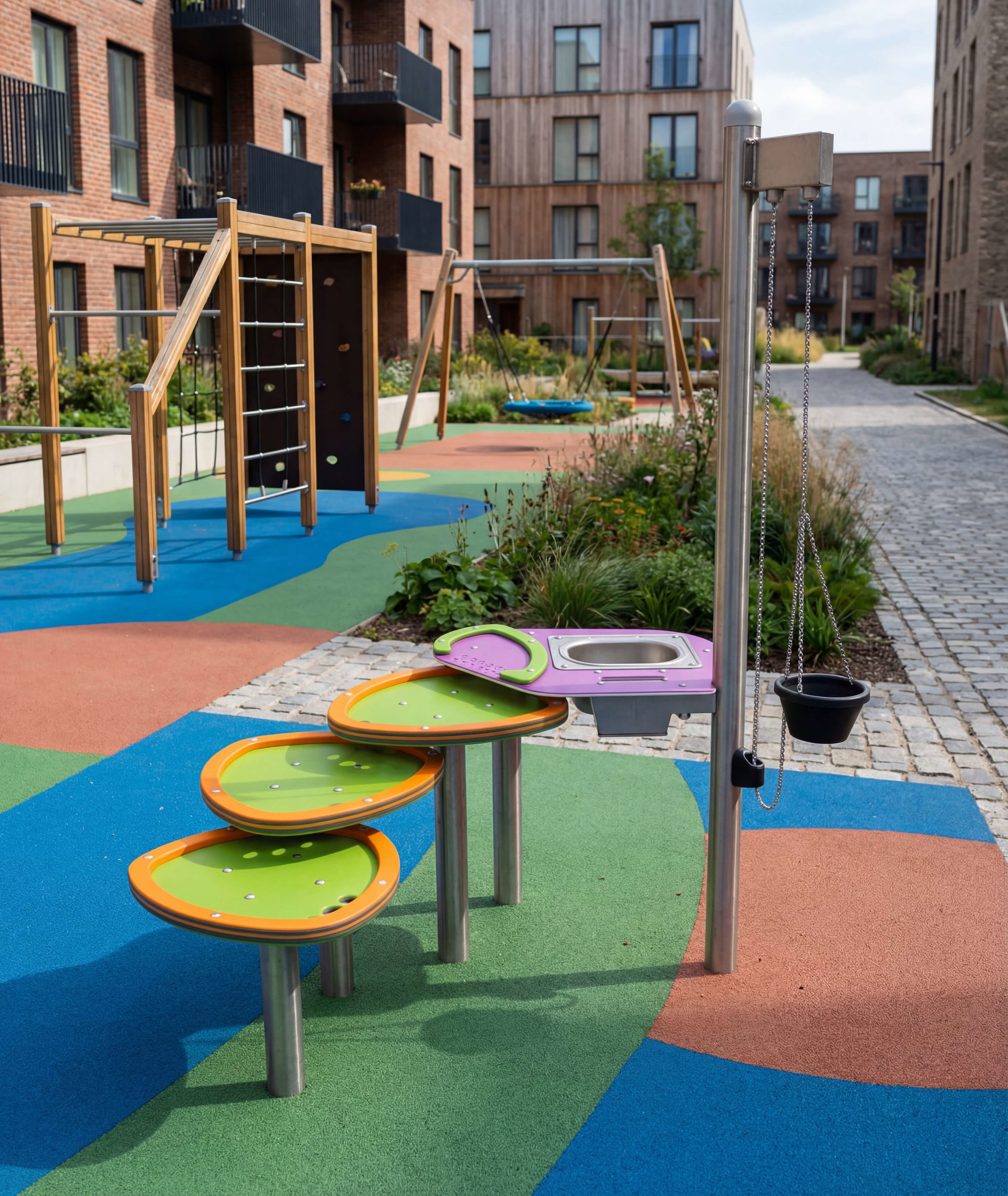 Bunte Spielplatzanlage mit Klettergerüst und Planschbecken vor Wohnhäusern im Stadtpark.