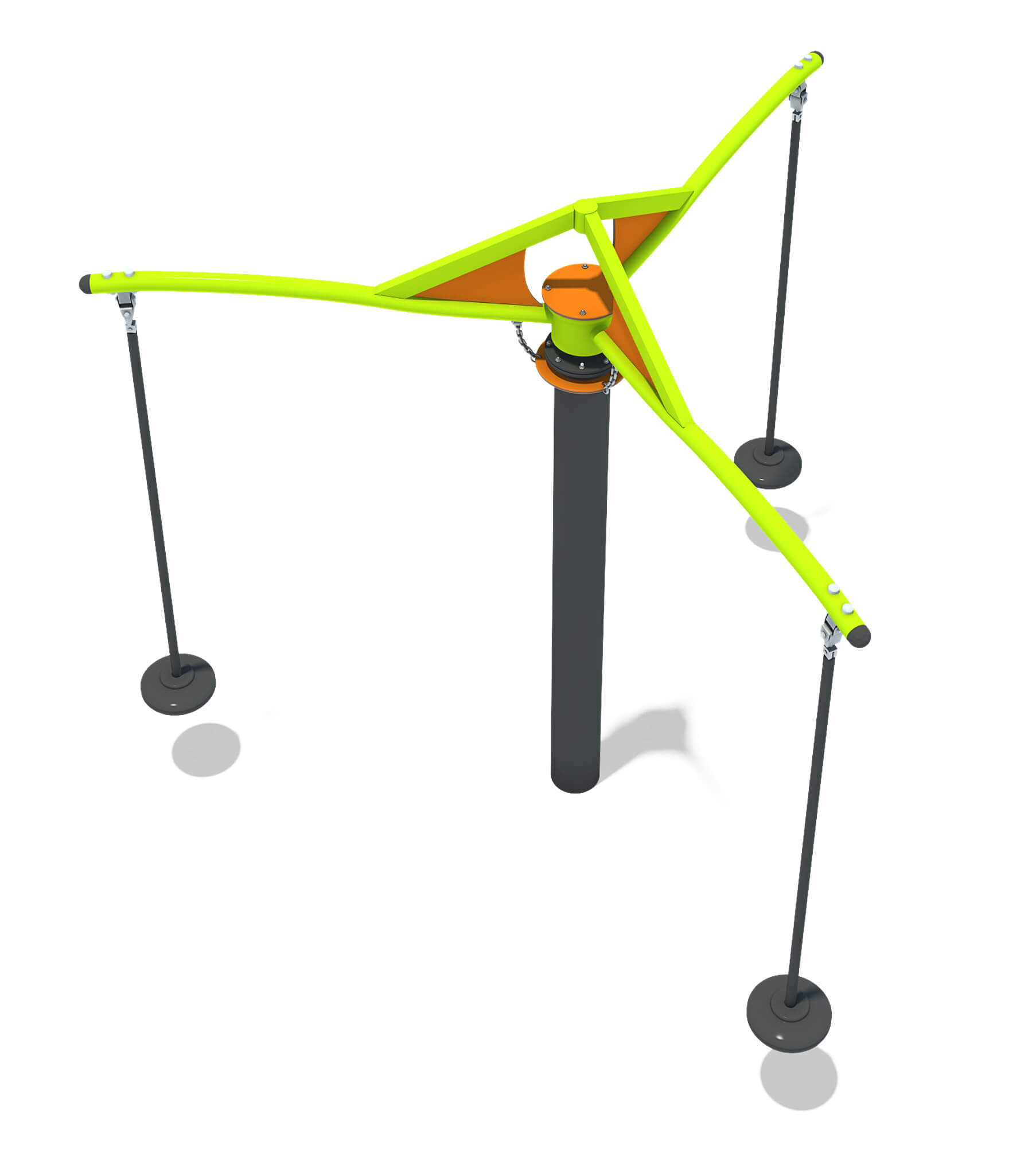 Leuchtend grünes Spielgerät mit drei Stangen und orangefarbenen Elementen auf weißem Hintergrund.