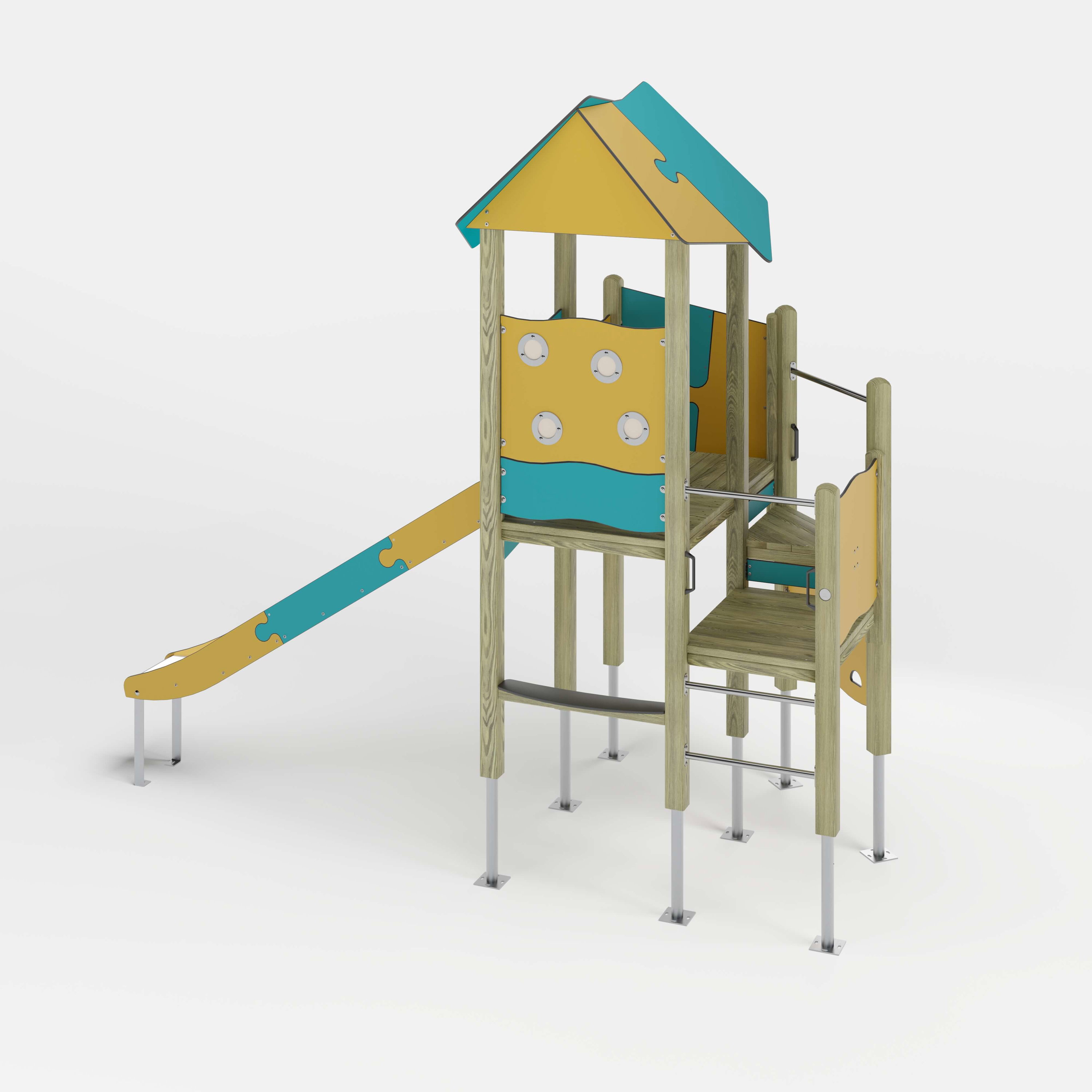 Bunte Kinderspielburg mit Dach und Rutsche auf weißem Hintergrund.