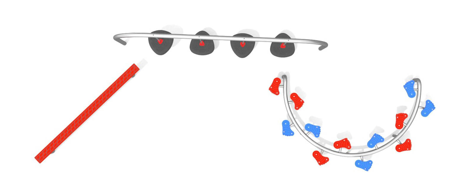 Bunte Spielgeräte für Kinder: Rutsche und Kletterbogen mit roten und blauen Halterungen.