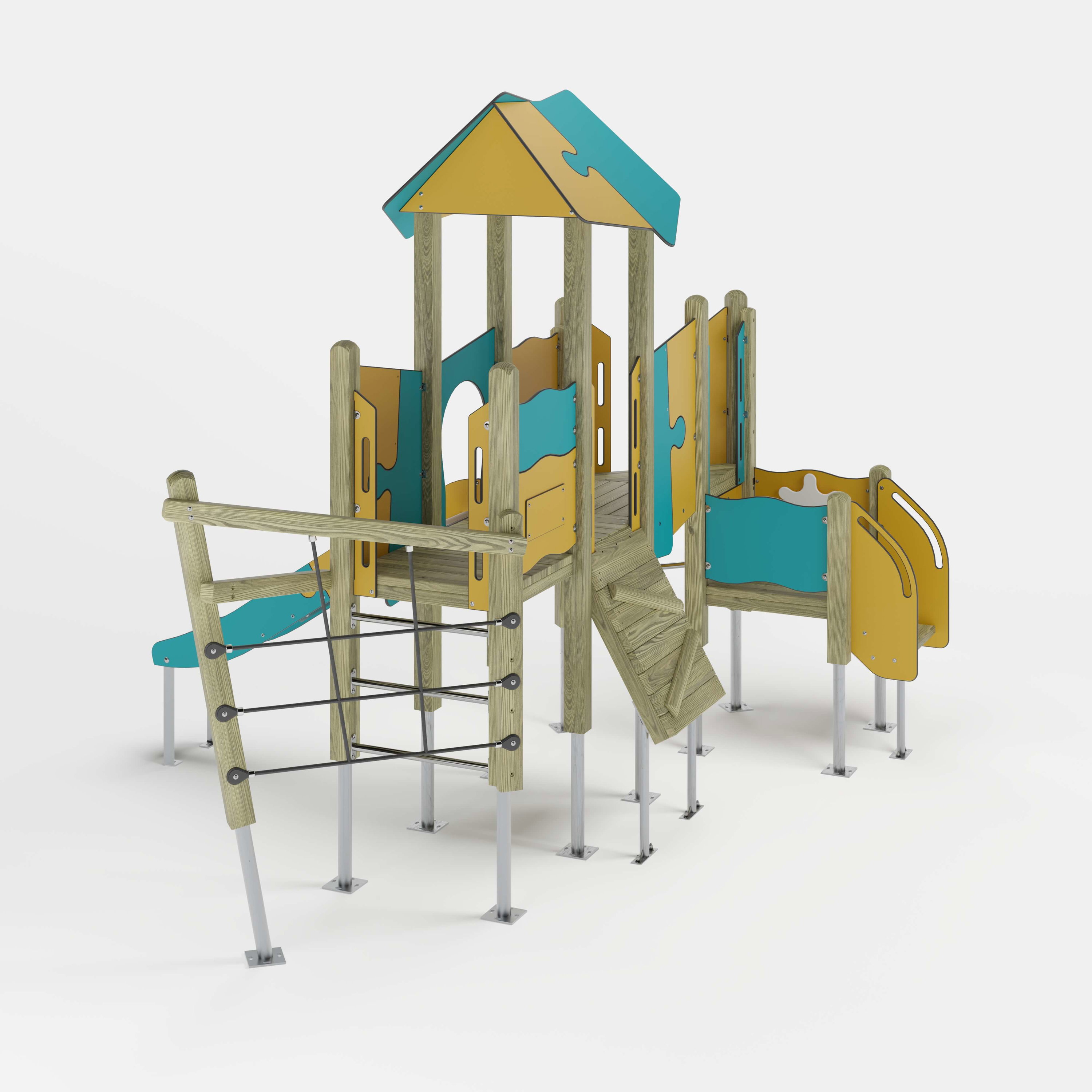 Bunte Kinderspielburg mit Dach und Rutsche auf weißem Hintergrund.