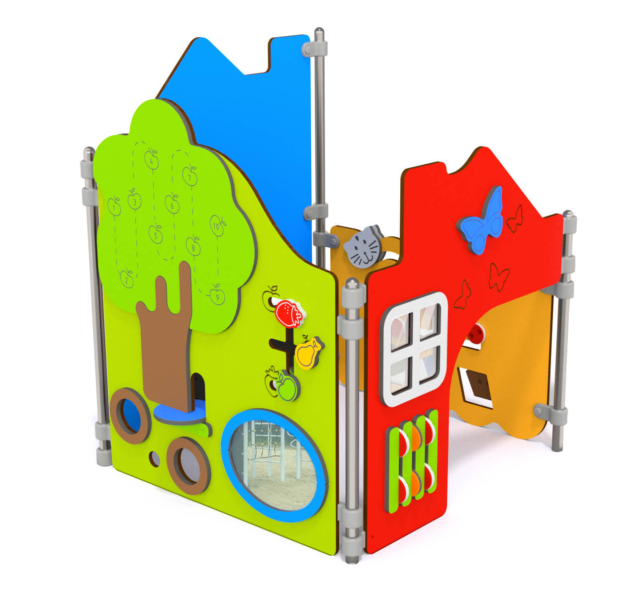 Bunte Kinderspielstation mit Baum- und Häuschenmotiven für kreative Outdoor-Spiele im Garten oder Park.