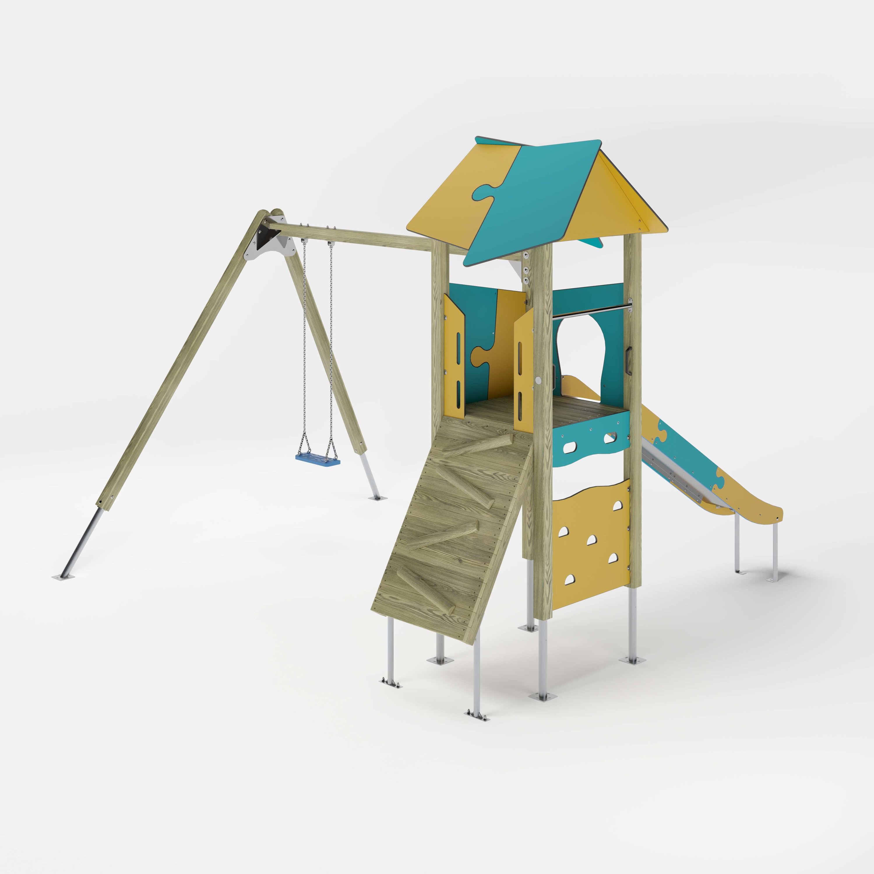 Bunte Kinderspielburg mit Dach und Rutsche auf weißem Hintergrund.