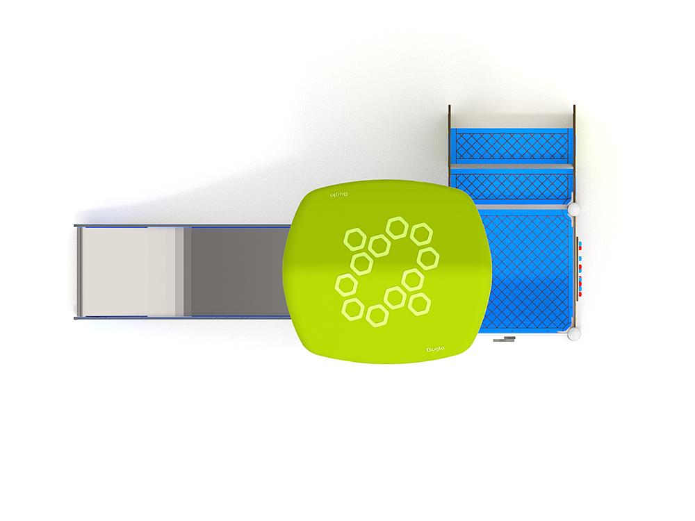 Schwinger für Kleinkinder mit Metallgestell und grünen Verbindungen auf weißem Hintergrund.