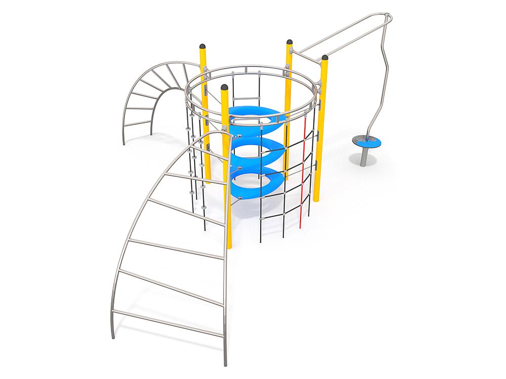 Schwinger für Kleinkinder mit Metallgestell und grünen Verbindungen auf weißem Hintergrund.