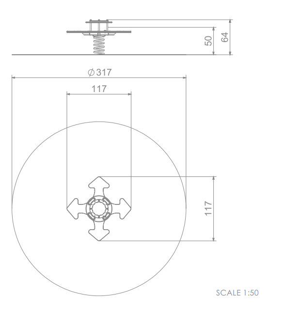Technische Zeichnung eines runden Bauteils mit Zentralmechanismus und Maßangaben im Maßstab 1:50.