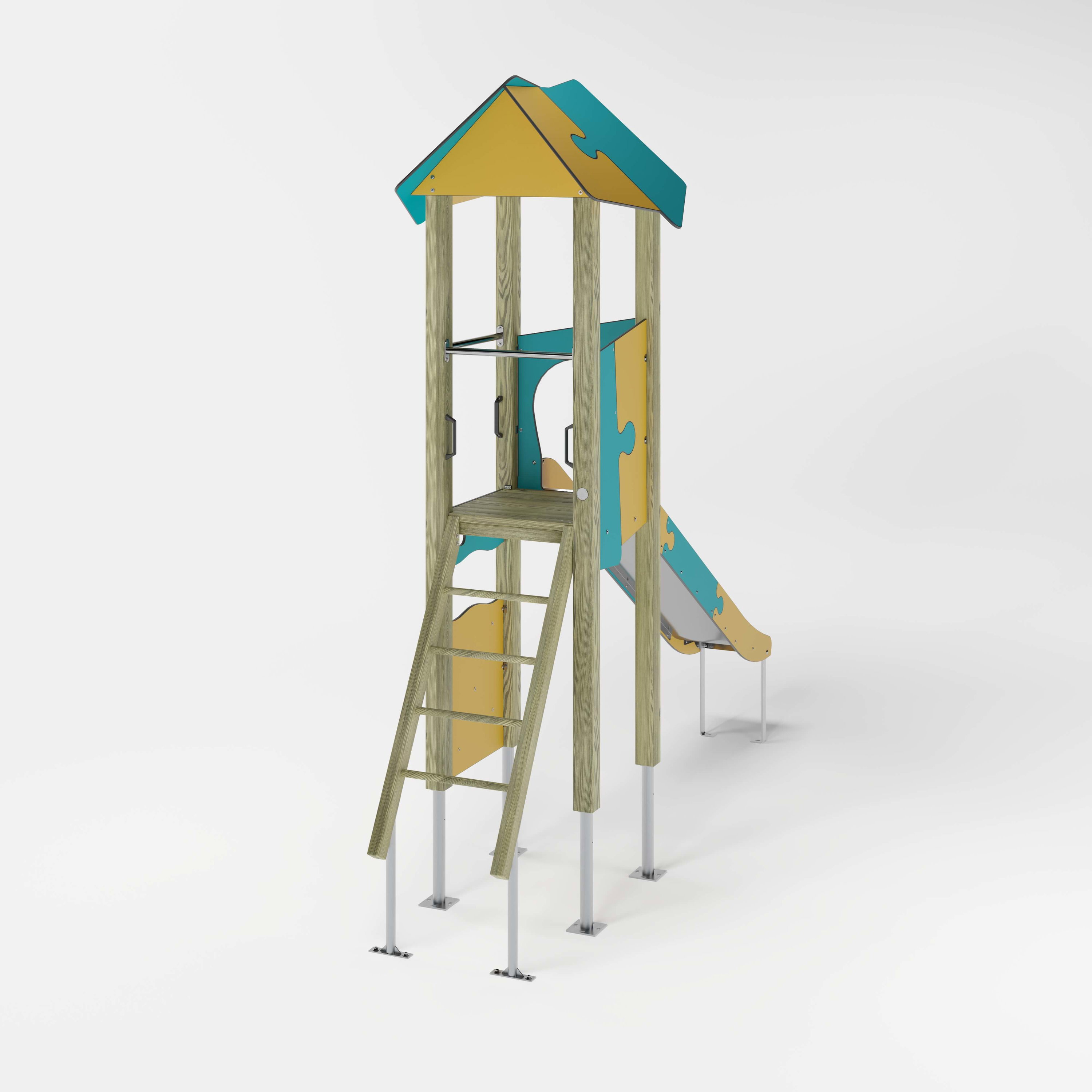 Bunte Puzzle-Hütte für Kinder auf Metallbeinen – Spielhaus mit gelb-blauen Teilen und Dach.