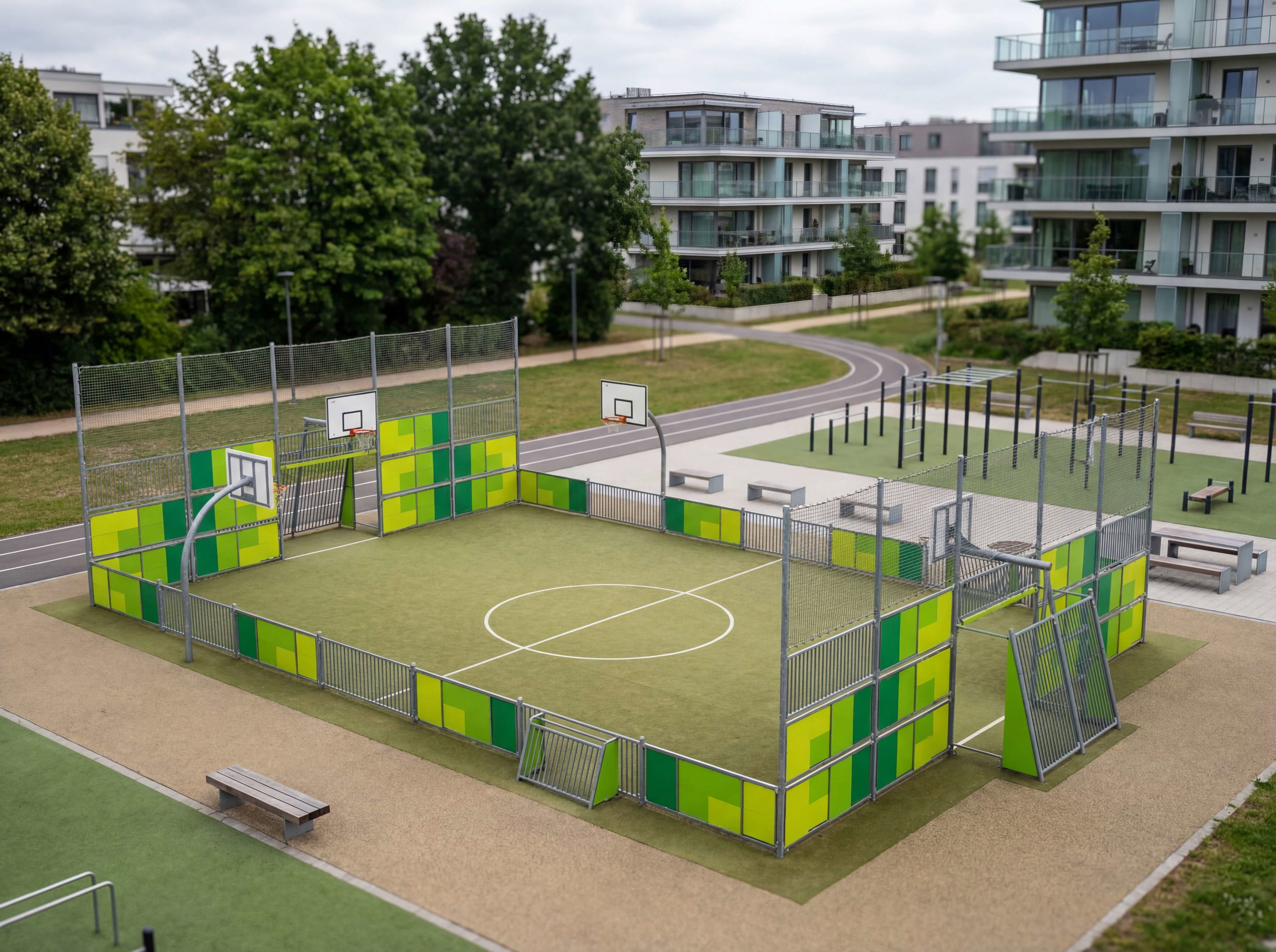 Multifunktionales Sportfeld mit Basketballkörben und grün-gelbem Zaun im Wohnviertel.