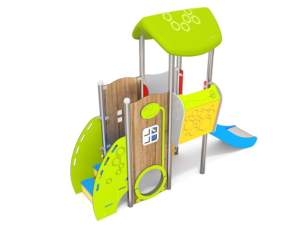 Schwinger für Kleinkinder mit Metallgestell und grünen Verbindungen auf weißem Hintergrund.