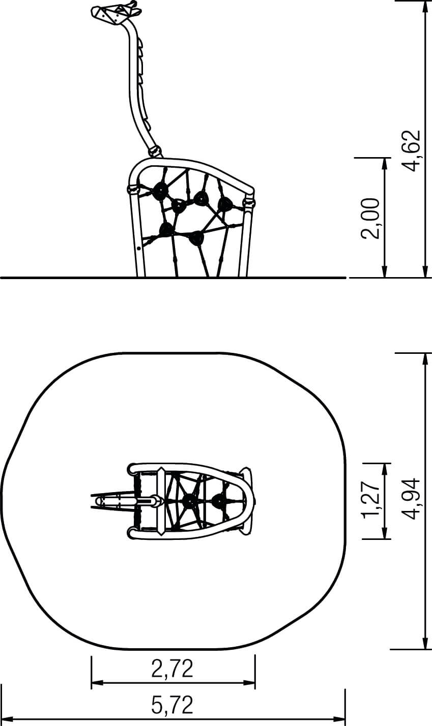 Giraffen-Design-Stuhl mit Maßen: Seitenansicht und Draufsicht inklusive Abmessungen.