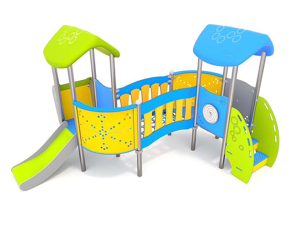 Schwinger für Kleinkinder mit Metallgestell und grünen Verbindungen auf weißem Hintergrund.