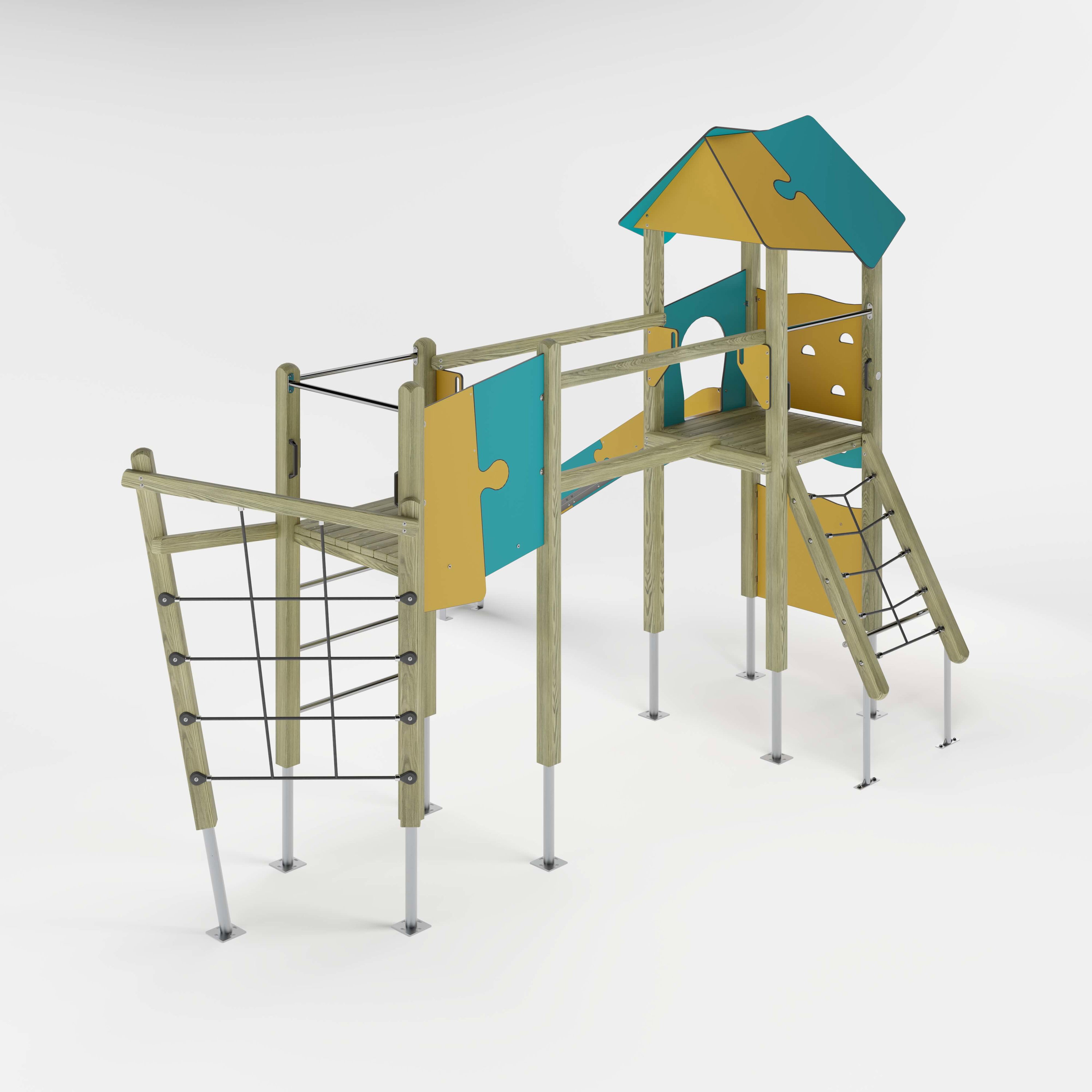 Bunte Holzspielanlage mit Klettergerüst und Dachhaus für Kinder auf weißem Hintergrund.