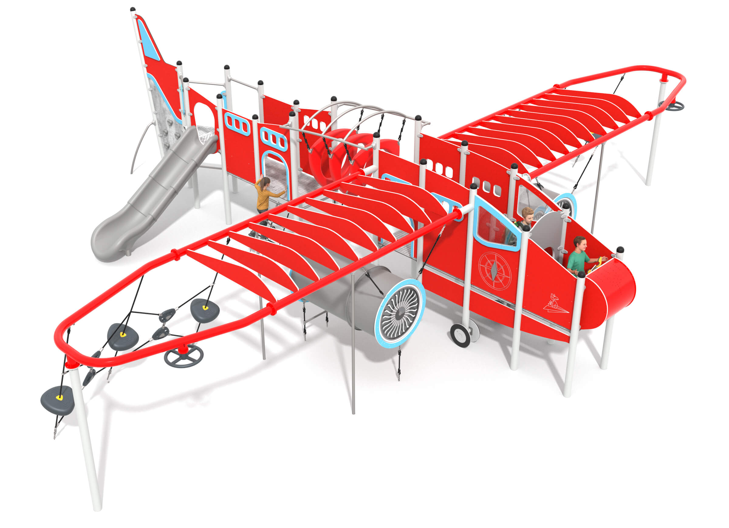 Rotes Flugzeug-Spielgerät mit Rutschen und Kletterelementen für Kinder auf weißem Hintergrund.