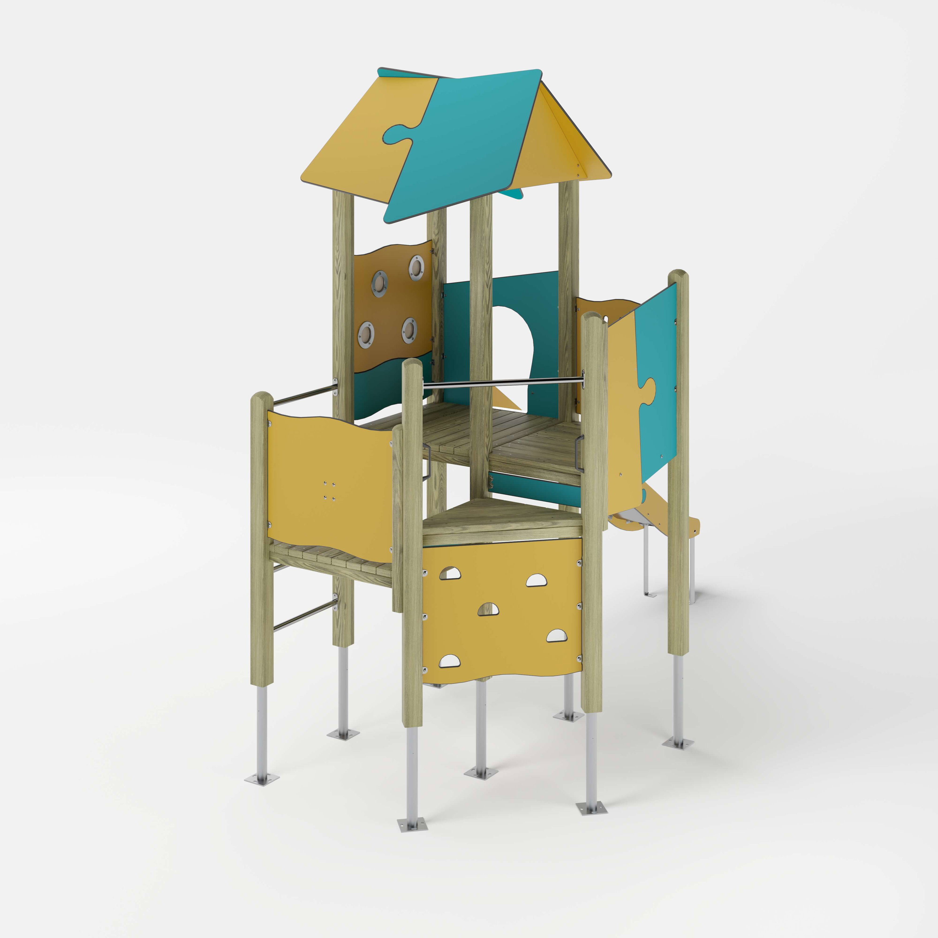 Bunte Kinderspielburg mit Dach und Rutsche auf weißem Hintergrund.