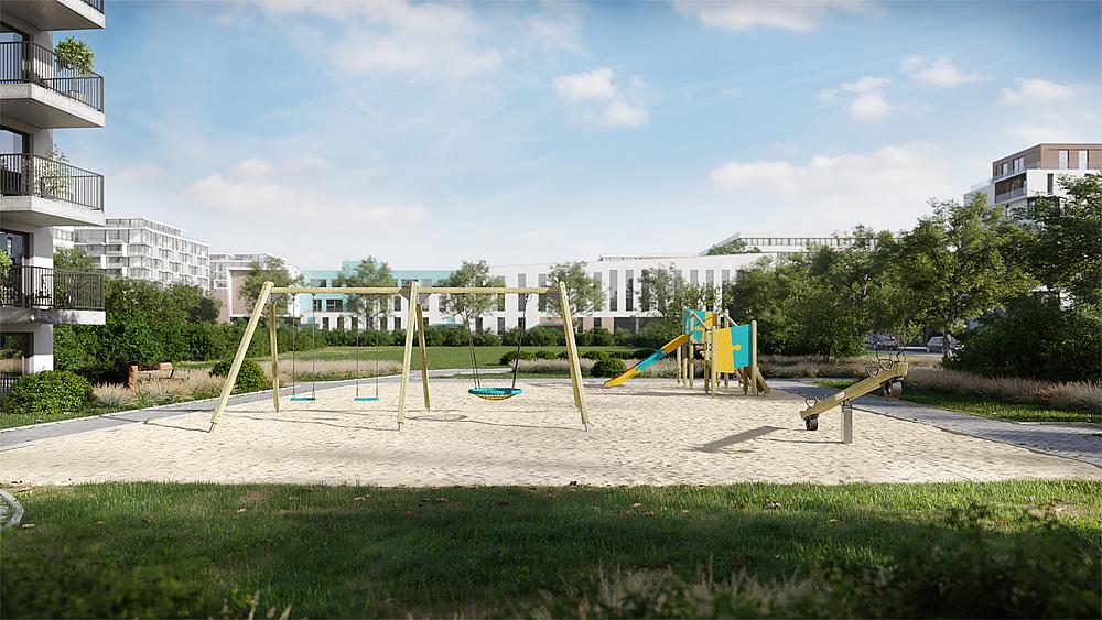 Spielplatz mit Schaukel und Rutsche im Sand vor modernen Wohnhäusern unter blauem Himmel.