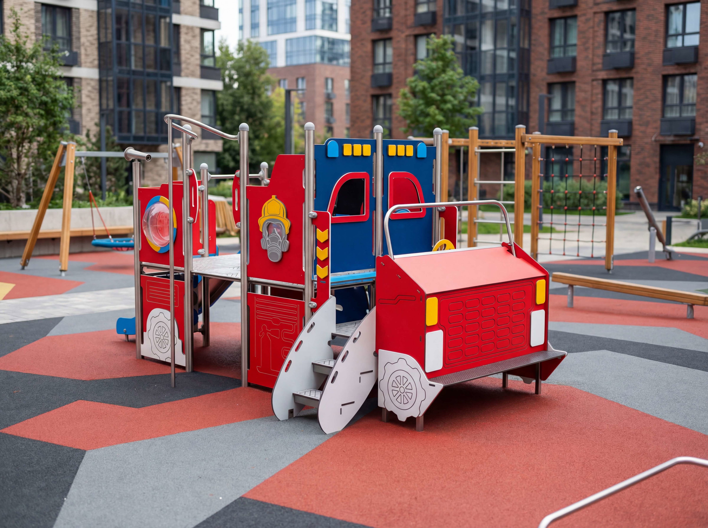 Feuerwehrfahrzeug-Spielplatz im modernen Wohngebiet mit buntem Bodenbelag und Hochhäusern im Hintergrund.