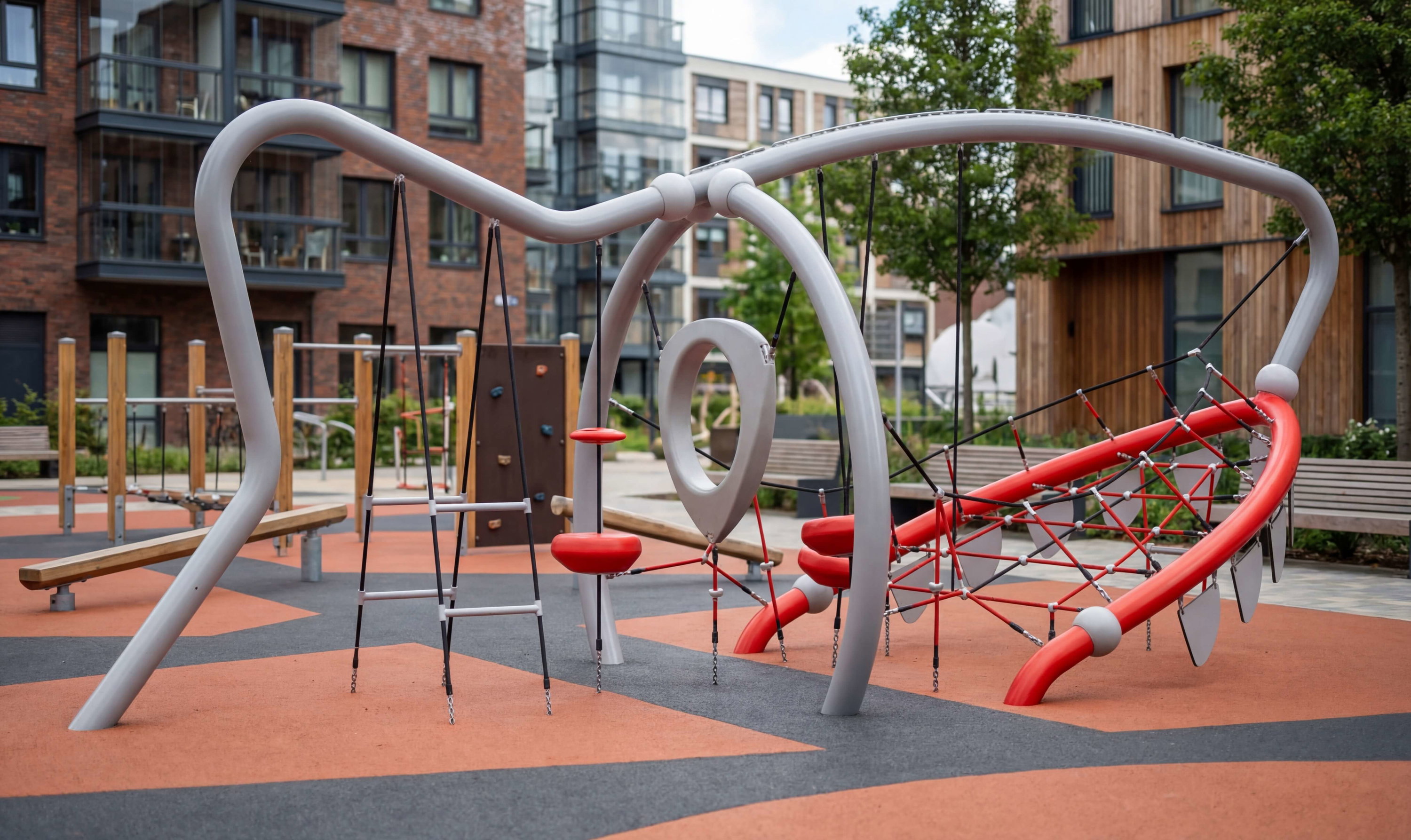 Modern playground with red climbing net und grey swings in urban residential area.