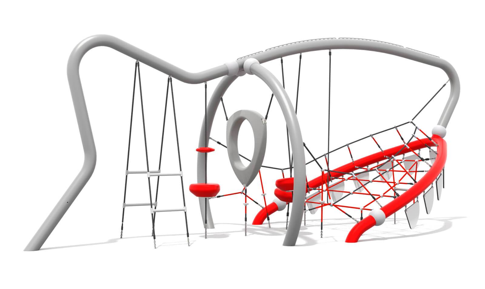 Modern playground with red slides, climbing nets und grey structures against white background.