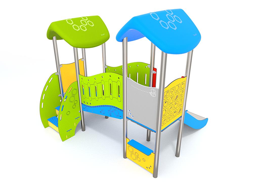 Schwinger für Kleinkinder mit Metallgestell und grünen Verbindungen auf weißem Hintergrund.