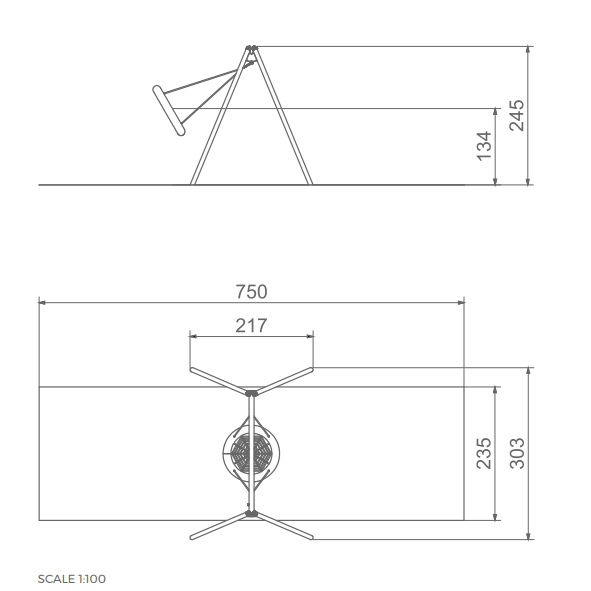 Technische Zeichnung eines modernen Tischleuchten-Designs mit Maßen im Skalierungsfaktor 1:100.