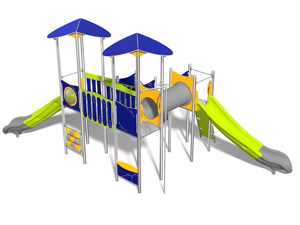Schwinger für Kleinkinder mit Metallgestell und grünen Verbindungen auf weißem Hintergrund.