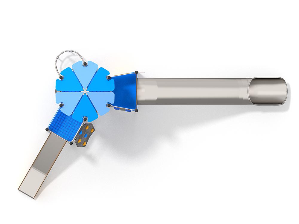 Schwinger für Kleinkinder mit Metallgestell und grünen Verbindungen auf weißem Hintergrund.