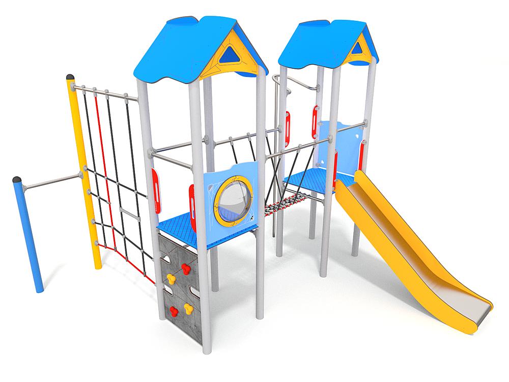 Schwinger für Kleinkinder mit Metallgestell und grünen Verbindungen auf weißem Hintergrund.