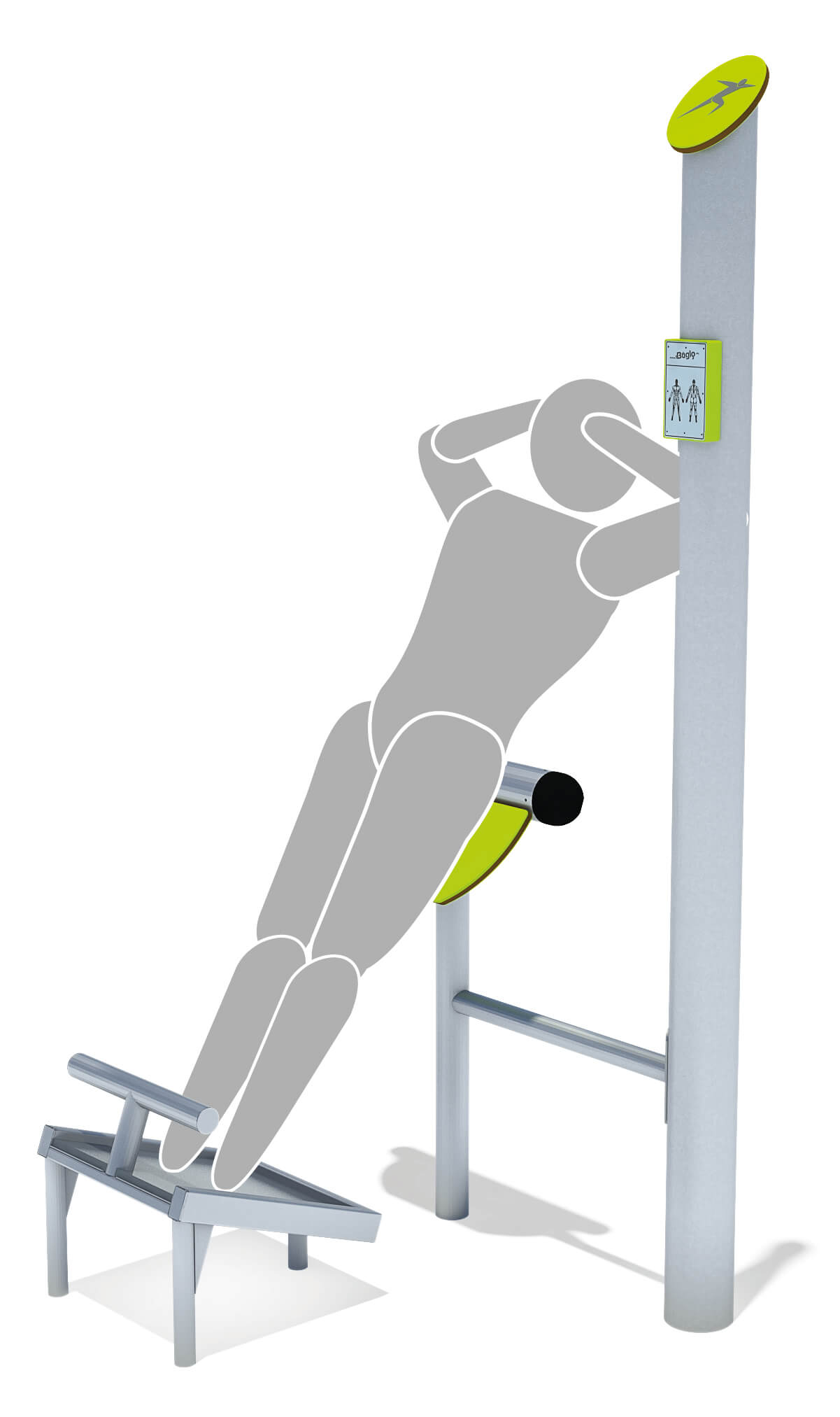 Outdoor fitness station with green accents and exercise equipment against white background.