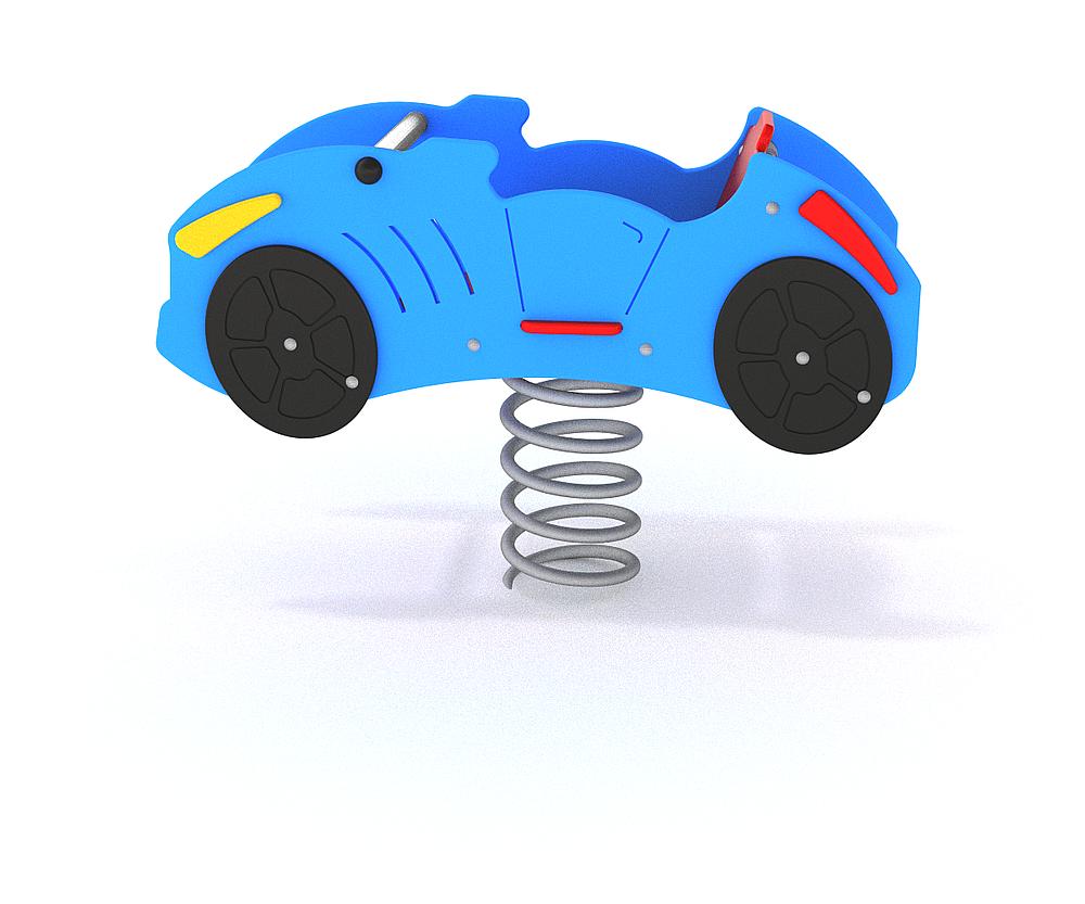 Blauer Spielzeugwagen auf Feder für Kinder-Spielplatz – springendes Auto mit Rädern und bunten Akzenten.