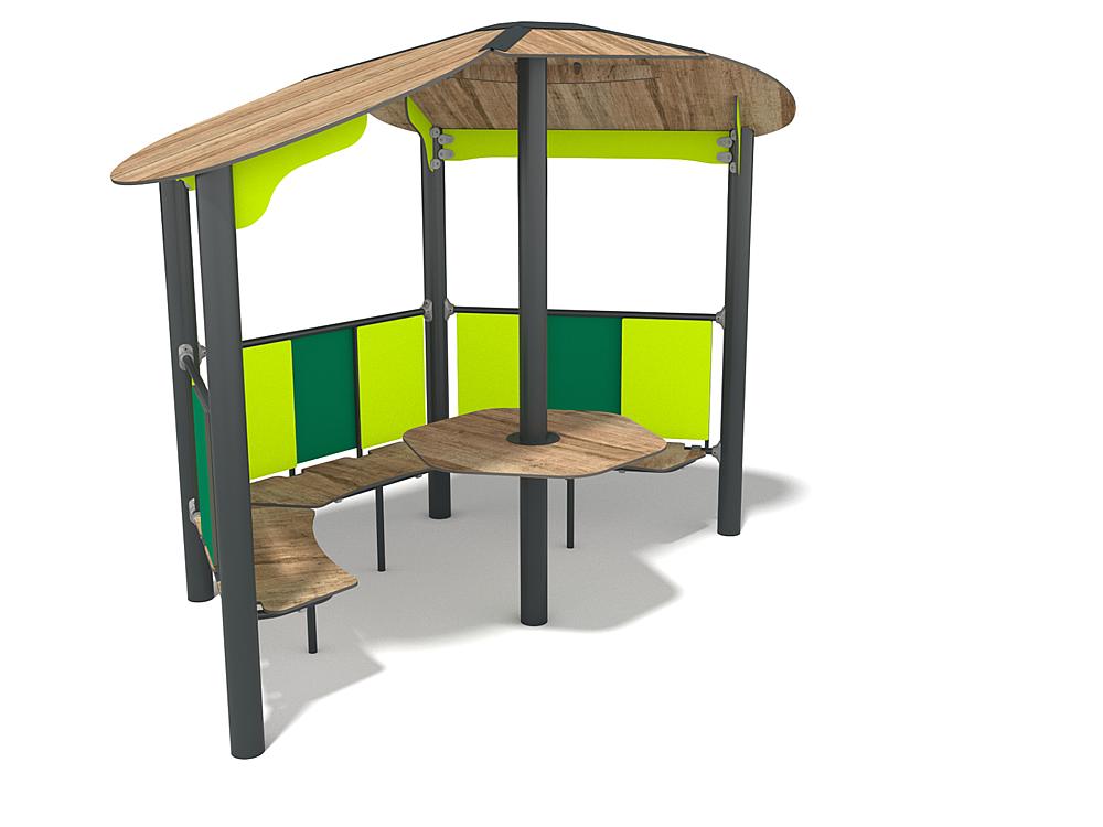 Schwinger für Kleinkinder mit Metallgestell und grünen Verbindungen auf weißem Hintergrund.