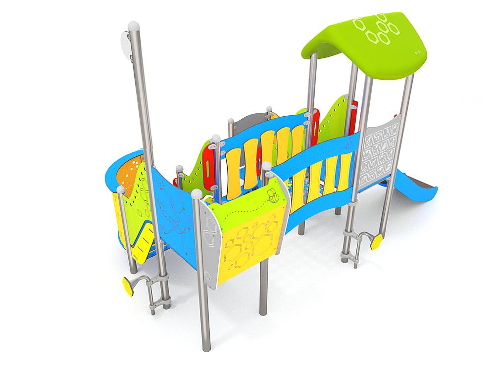 Schwinger für Kleinkinder mit Metallgestell und grünen Verbindungen auf weißem Hintergrund.