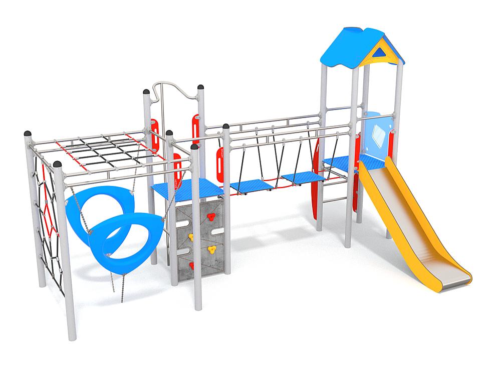 Schwinger für Kleinkinder mit Metallgestell und grünen Verbindungen auf weißem Hintergrund.