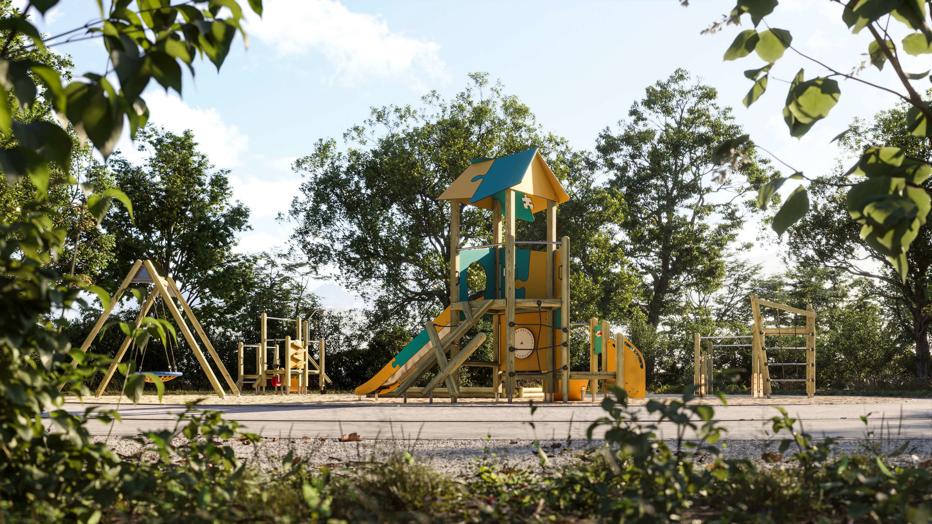 Farbiger Spielplatz mit Rutsche und Schaukel im Grünen unter blauem Himmel.