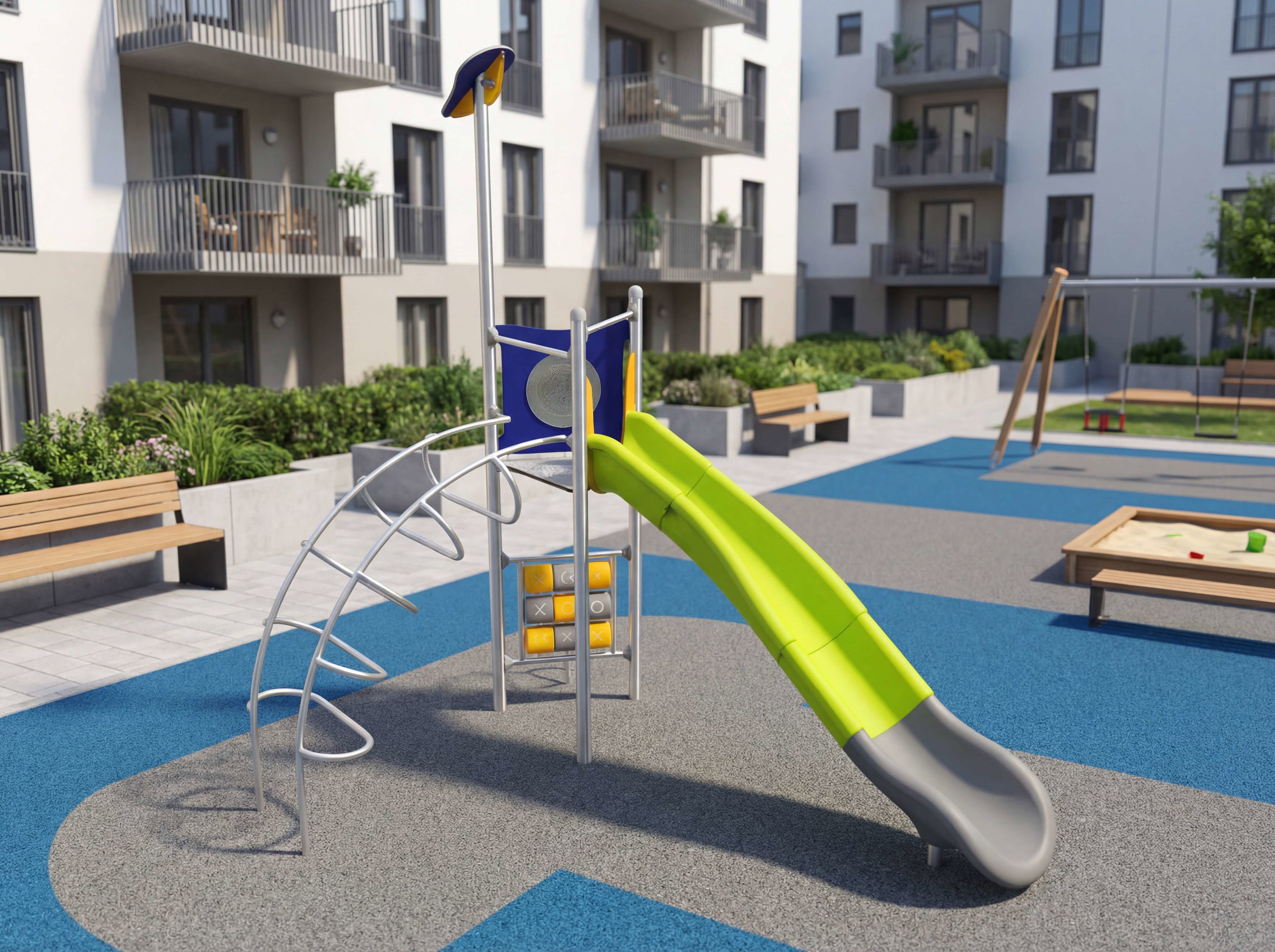 Farbiger Spielplatz mit Rutsche und Klettergerüst vor modernen Wohnhäusern.