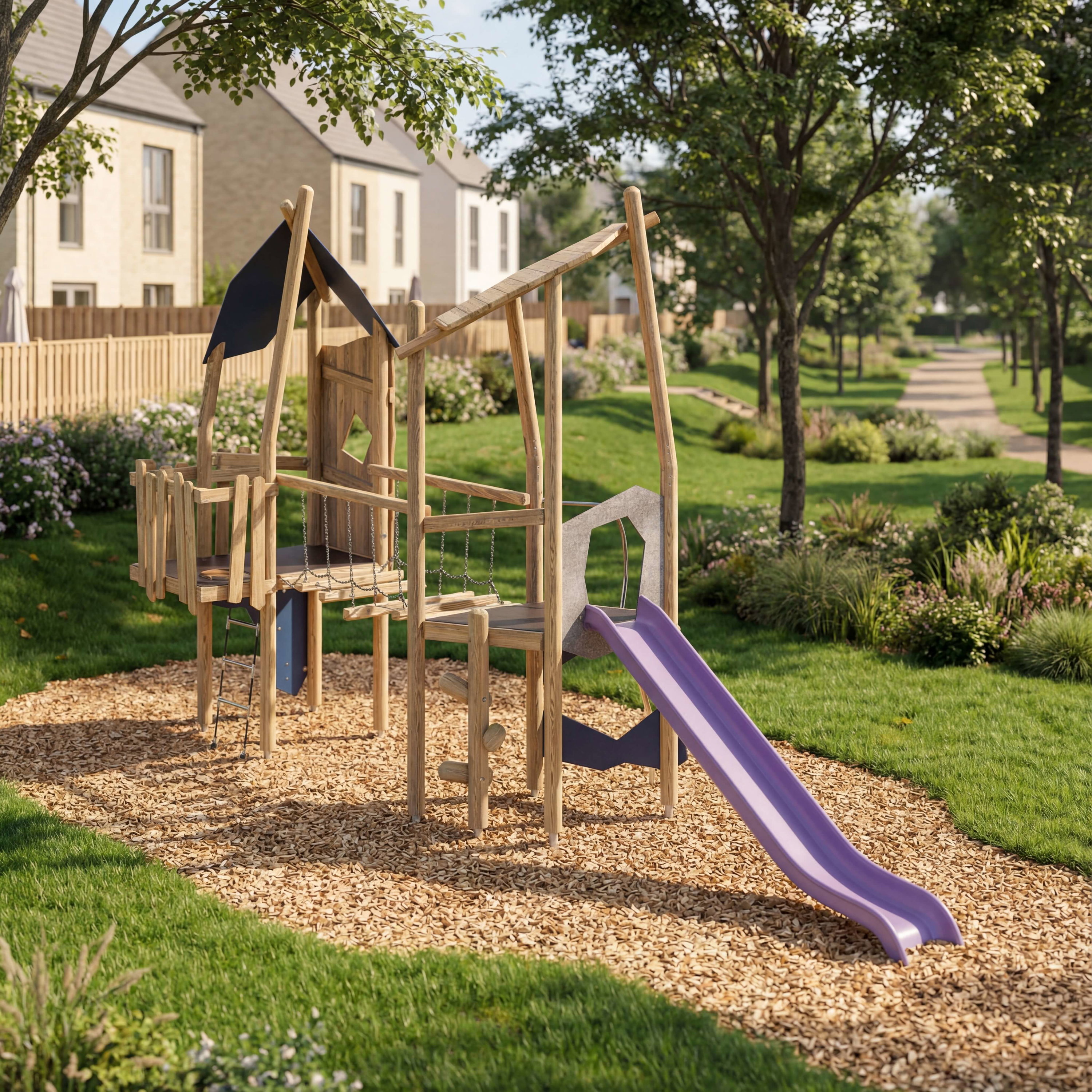 Holzspielplatz mit lila Rutsche im grünen Garten vor Wohnhäusern.