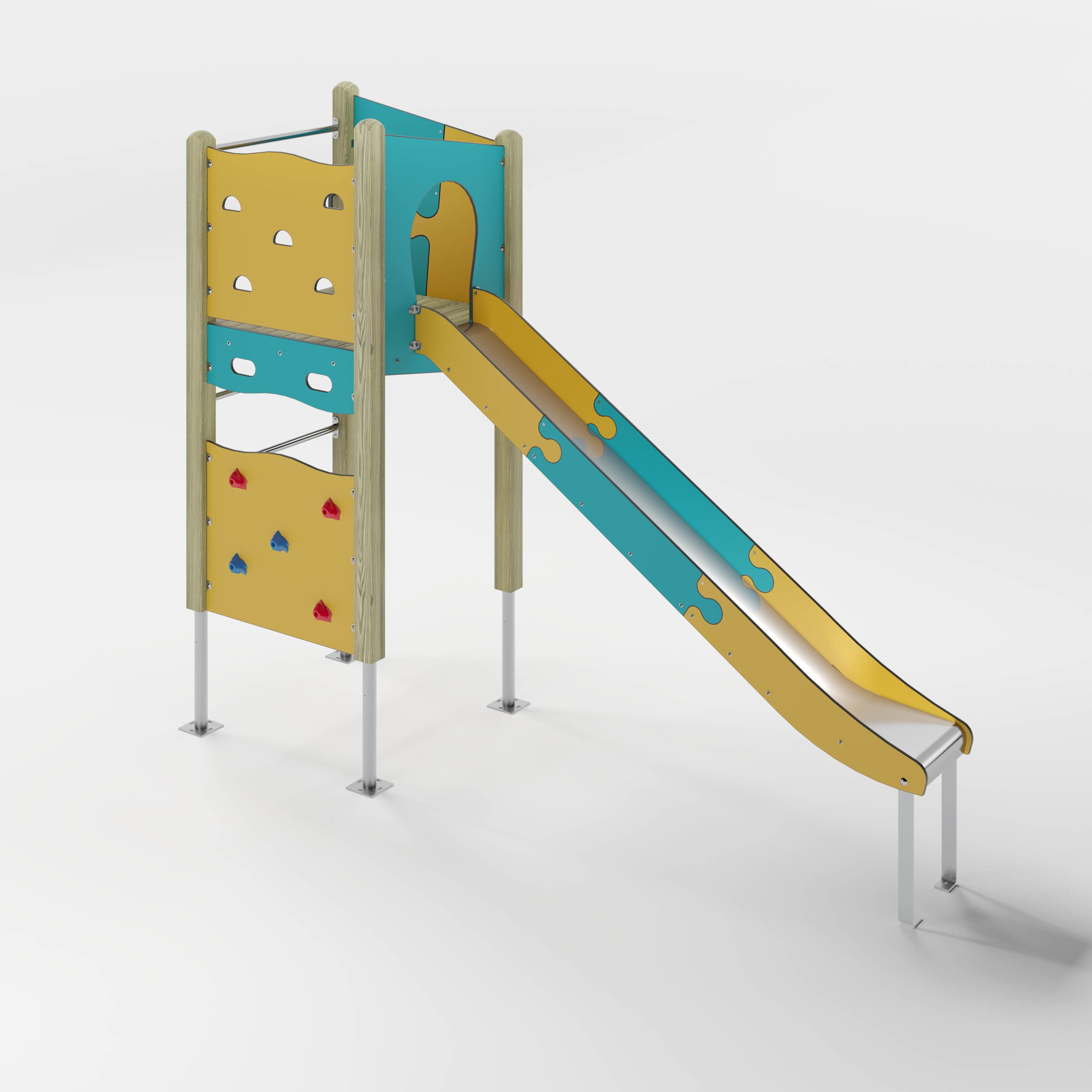 Bunte Kinderspielanlage mit Rutsche und Kletterwand auf weißem Hintergrund.